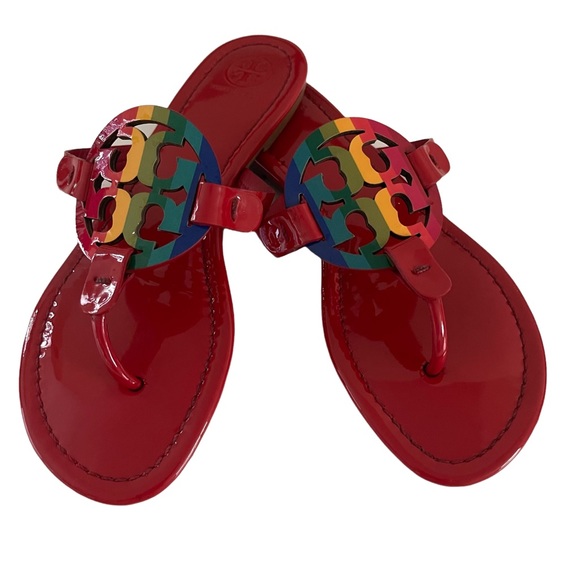Tory Burch Miller Sandals Red Rainbow Patent Leather Thong Flip Flop Flat size 7